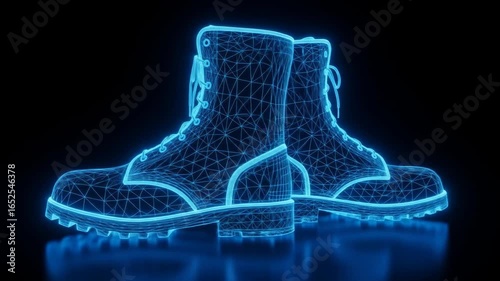 Futuristic Wireframe Boots - A pair of sturdy work boots are depicted in a futuristic wireframe style, glowing with vibrant blue light against a black background.