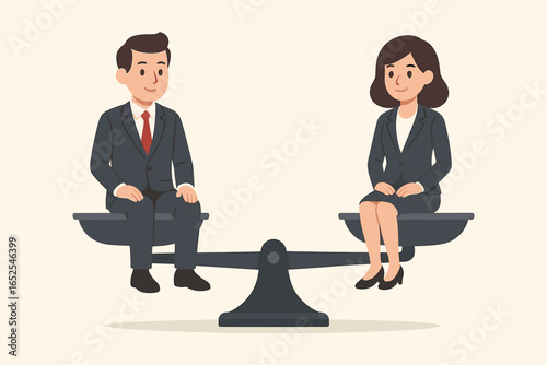 Gender equality in the workplace concept. Businessman and businesswoman on a scale with equal weight. Balance, rights, diversity, inclusion, and equal opportunity metaphor.