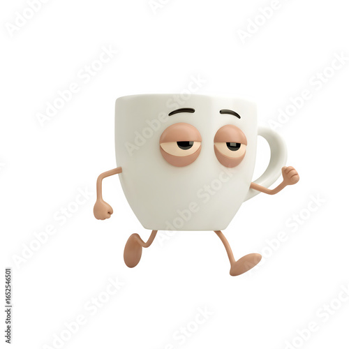3D Coffee cup running with tiny legs and tired eyes transparent background 
