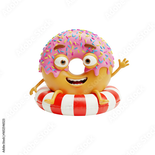 3D Donut floating on a pool tube with a funny expression transparent background 