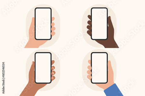 Hand holding phone vector mockups. Set of template illustration of mobile phones. Diverse hands using smartphones with blank empty screen for your app design, UI, UX.