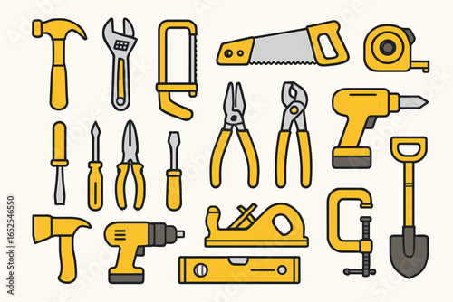 Hand tool collection vector icon set for construction and carpentry. Workshop equipment for DIY, repair, and building. Flat illustration of hammer, saw, drill, and wrench.