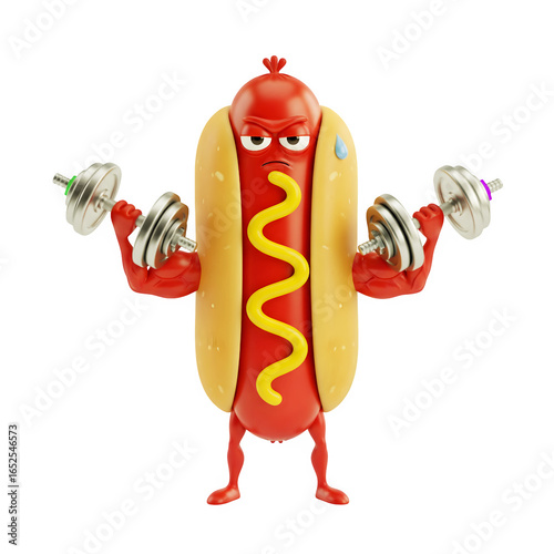 3D Cartoon Hotdog lifting dumbbells with a serious face transparent background 