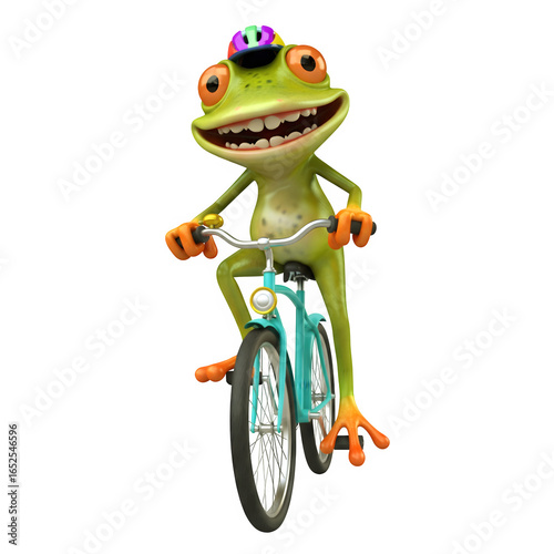 Funny 3D Frog riding a bicycle with a goofy smile transparent background 
