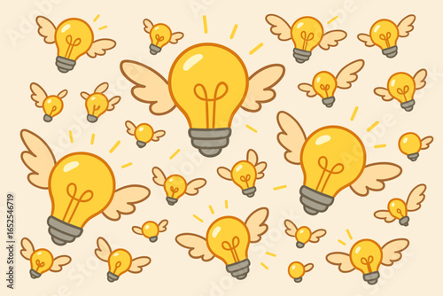 Lots of flying light bulb ideas. Concept for brainstorming, creativity, innovation, and inspiration. Solution finding. Business metaphor. Vector cartoon illustration background.