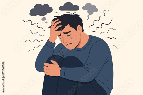 Male depression and anxiety attack concept. Sad young man crying, feeling lonely, stressed. Mental health problem, psychological disorder, despair, grief, negative thoughts.