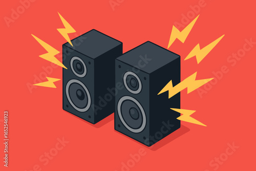 Loud music speakers. Stereo loudspeakers with powerful audio. Lightning bolts concept. Isometric flat design illustration. Vector cartoon sound system on red background.