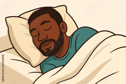 African American man sleeping in bed. Close up face of a black person resting. Good night sleep concept. Healthy lifestyle. Calm dream. Rest and relaxation. Cozy bedroom.