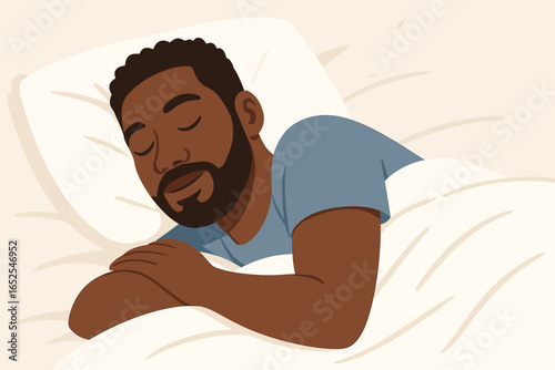 Black man sleeping in bed. African American person resting on pillow. Concept of calm, relaxation, comfort, and healthy sleep. Bedtime and sweet dreams for mental health.