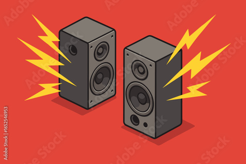 Loud music speakers with powerful sound. Isometric stereo loudspeakers with lightning bolts. Audio system equipment for party, festival, or concert. Vector illustration concept.