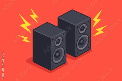 Loud music speakers isometric vector illustration. Stereo loudspeakers with powerful audio concept. Sound wave as lightning bolt. Party, concert, rock music, dj set cartoon icon.