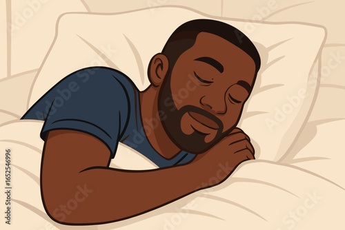 Black African American man sleeping peacefully in bed. Face of a young person resting with eyes closed on a pillow under a blanket. Concept of rest, relaxation, and calm.