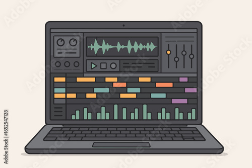 Music software user interface on computer screen. Laptop with digital audio workstation elements. Electronic music, podcast and audio creation concept. Sound mixing design.