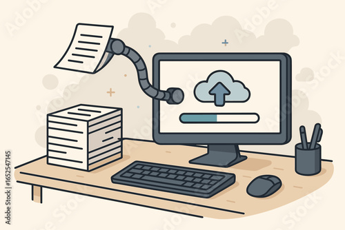 Office work automation concept. Robotic arm scanning paper documents from a stack. Digitization process, converting files for cloud storage and data upload. Paperless office.