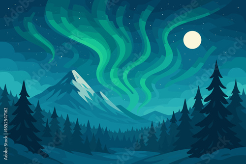 Northern lights landscape illustration. Mountain and forest at night. Aurora borealis in the sky with moon. Winter nature scene. Cold atmosphere vector cartoon background.