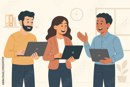 Team of colleagues working together in the office. Three smiling business people characters holding laptops and discussing a project. Teamwork and collaboration concept.