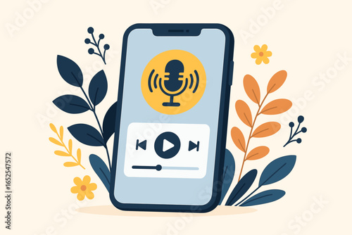 Podcast on mobile phone screen. Smartphone playing audio entertainment, music, or streaming broadcast with decorative floral design. Flat vector illustration concept.
