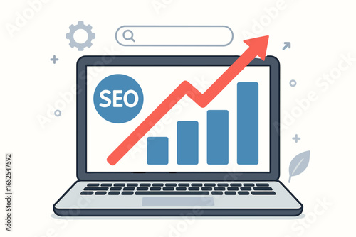 SEO optimization. Search engine optimisation. Laptop computer with graph showing growth. Digital marketing strategy. Traffic increase concept. Data analysis. Vector illustration.