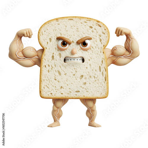 3D Slice of Bread flexing muscles like a bodybuilder  transparent background 