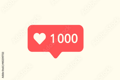 Social media notification with heart icon and 1000 likes. Flat design vector illustration of a like counter symbol for app interface, web design, and digital marketing.
