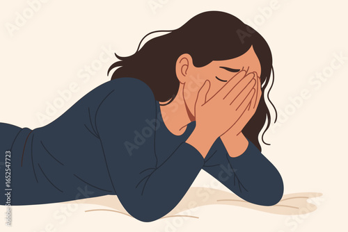 Depression concept vector. Sad tired woman crying in bed. Mental health disorder, anxiety, stress. Lonely female with negative thoughts. Grief despair burnout illustration.