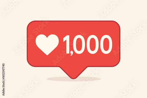 Social media like notification with 1000 hearts. Red follower counter icon symbol. App engagement and success. Flat vector illustration for marketing and networking.