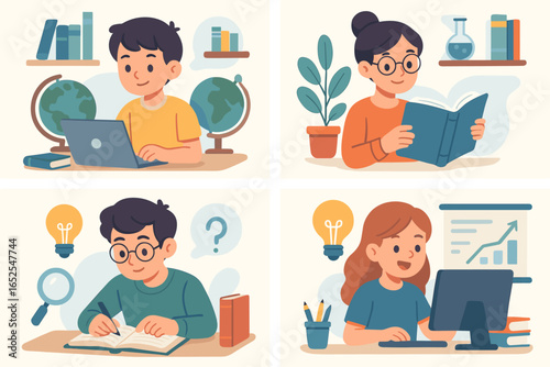 Set of school and education vector illustrations. Students learning online, reading books, and researching. Concept for e-learning, knowledge, homework, and study.