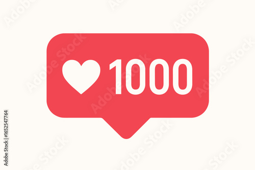 Social media like icon with 1000 likes. Red notification bubble with heart symbol. Follower counter for network success, popularity, and engagement. Flat design vector.