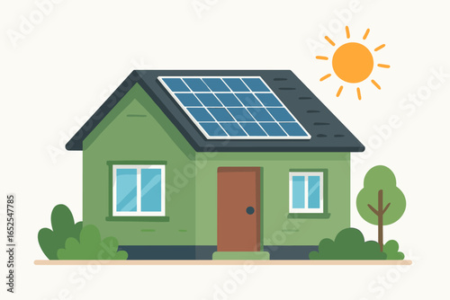 Green house with solar panels on roof. Renewable energy, eco friendly home concept. Sustainable living, clean electricity from sun. Alternative power source cartoon vector.