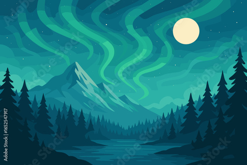 Northern Lights landscape vector illustration. Aurora borealis over mountains and forest. Night sky with full moon and stars. Peaceful nature scenery with a lake. Calm, serene.