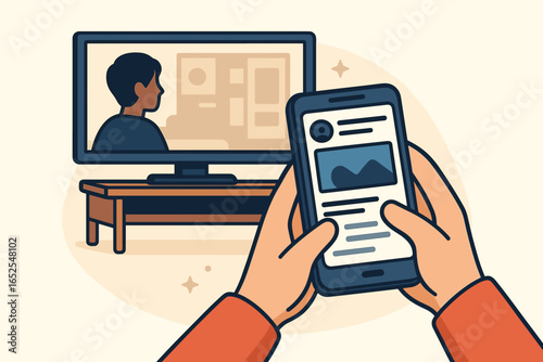 Hands browsing social media on mobile phone while watching TV. Second screen multitasking concept. Digital distraction and technology addiction. Vector cartoon illustration.