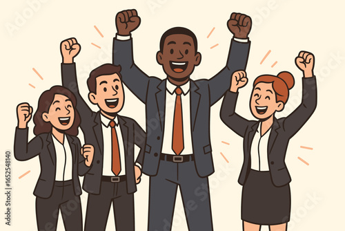 Diverse business team celebrating success. Happy people cheering with fists up. Concept of teamwork, achievement, and victory. Corporate group winning. Vector cartoon illustration.