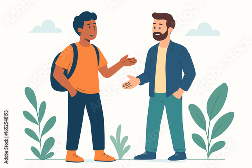 Two men talking outdoors. Vector illustration of casual friends meeting and having a conversation. Young student with a backpack and a bearded man in friendly discussion.