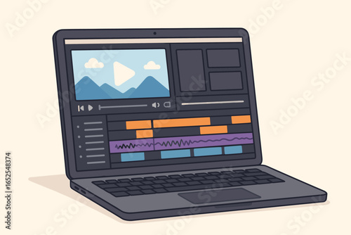 Video editing software on laptop screen. Application for creating content with timeline, sound wave, and user interface. Post production, movie making, and montage concept.