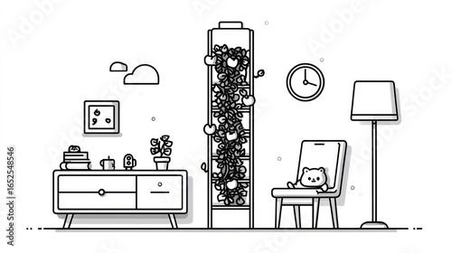 Minimalist interior scene with furniture, plant, art, clock and teddy bear