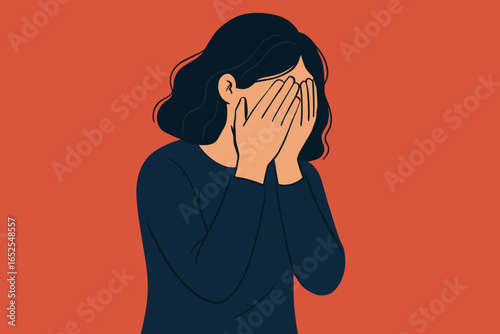 Sad woman covering her face. Concept of depression, anxiety, grief, misery, sorrow, loneliness. Unhappy person in despair. Mental health disorder. Burnout symptom vector.
