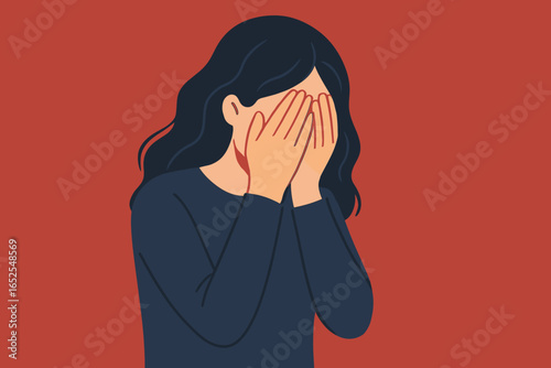 Sad depressed woman covering her face with hands. Concept of mental health disorders, sorrow, loneliness, grief, stress, anxiety, burnout, fear, abuse, and despair.