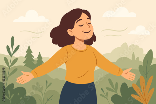 Happy woman enjoying fresh air in nature, breathing deeply with eyes closed. Concept of freedom, calm, harmony, mental health, and well-being. Serene person relaxing outdoors.