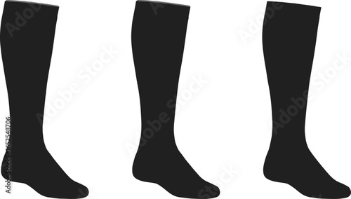 Black knee high socks vector illustration, front side and angle view, hosiery silhouette, simple fashion template, clothing accessory flat design sketch