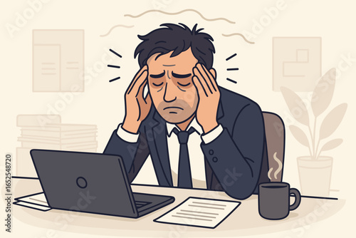 Businessman with a headache suffering from work stress and exhaustion. Overwhelmed, overworked and depressed man with concentration problems in office. Burnout concept vector.