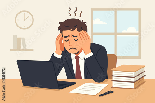 Burnout concept. Stressed businessman with headache at office desk. Tired, overworked employee feeling exhausted and depressed. Mental health and deadline pressure metaphor.