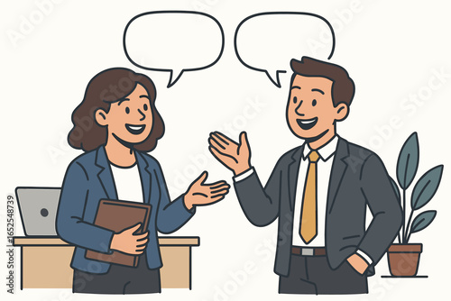 Business people conversation. Man and woman colleagues discussing work project in office. Happy coworkers talking with speech bubbles. Teamwork, communication concept.