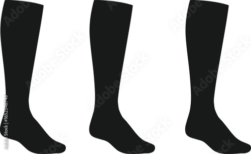 Black knee high socks vector illustration, simple silhouette design, front and side view, fashion hosiery template, clothing accessory technical flat sketch