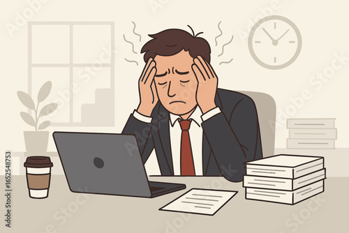 Work stress and professional burnout concept. Exhausted businessman tired from overwork and pressure. Frustrated man with headache and depression at office desk. Mental health.
