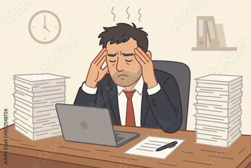 Work stress and exhaustion concept. Overwhelmed businessman with headache, concentration problems. Overworked, depressed manager at office desk. Burnout, fatigue from deadline pressure.
