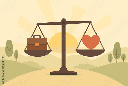 Work life balance concept. Scales with heart and briefcase in harmony. Career and family choice. Wellbeing, lifestyle and mental health vector illustration in landscape.