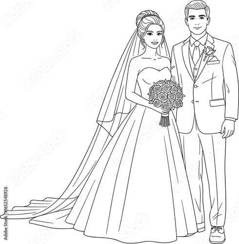 Bride and groom wedding illustration, elegant couple in bridal gown and groom suit, romantic marriage ceremony, beautiful bouquet, fashion design artwork