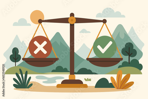 Yes and no choice on a weight scale. Dilemma concept vector illustration. Weighing the pros and cons for a decision. Moral, ethical balance in a flat design nature scene.