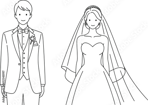 Bride and groom wedding line art illustration, elegant couple in bridal gown and groom suit, romantic marriage ceremony fashion design drawing