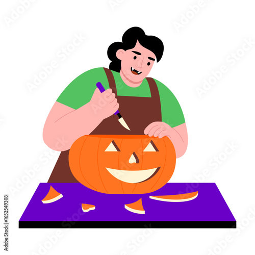A flat style illustration showing pumpkin cutting